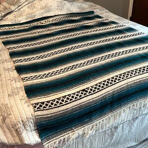 Vintage Mexican Sarape wool large blanket throw, fringed, blue, white, black